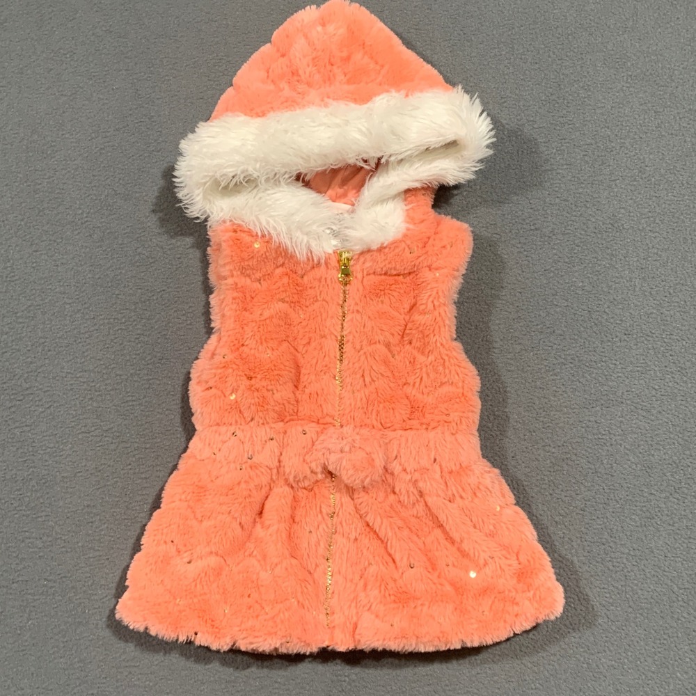 Little Lass Coral Faux Fur Hooded Vest Sequins‎ Baby Girls 18M